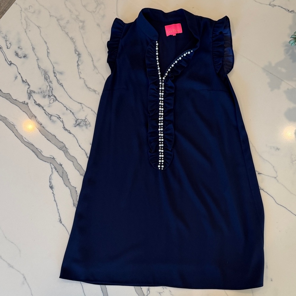 Lilly Pulitzer Navy Ruffle Pearl-Trim Mini Dress
